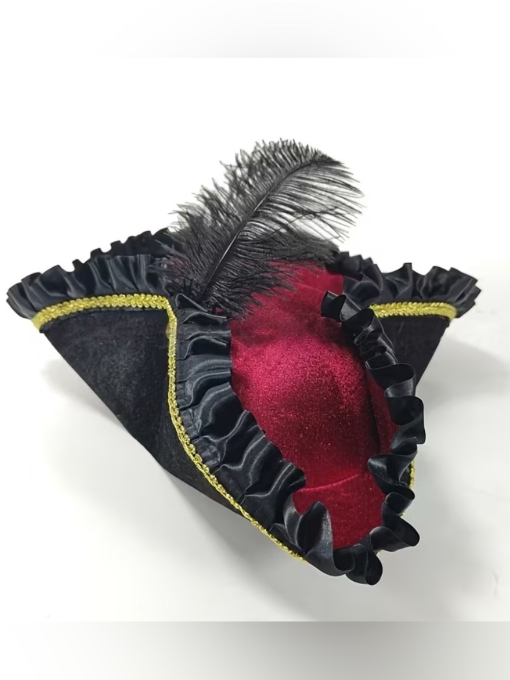 Women's Black and Burgundy Feathered Tricorn Hat Accent